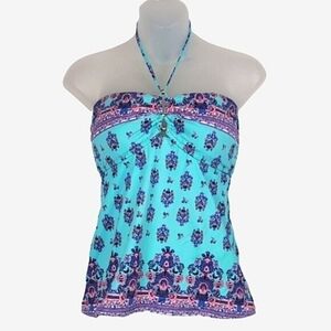 💠Nanette Lepore Halter Tankini Top Womens Size Large Aqua Blue Beaded Cut Out